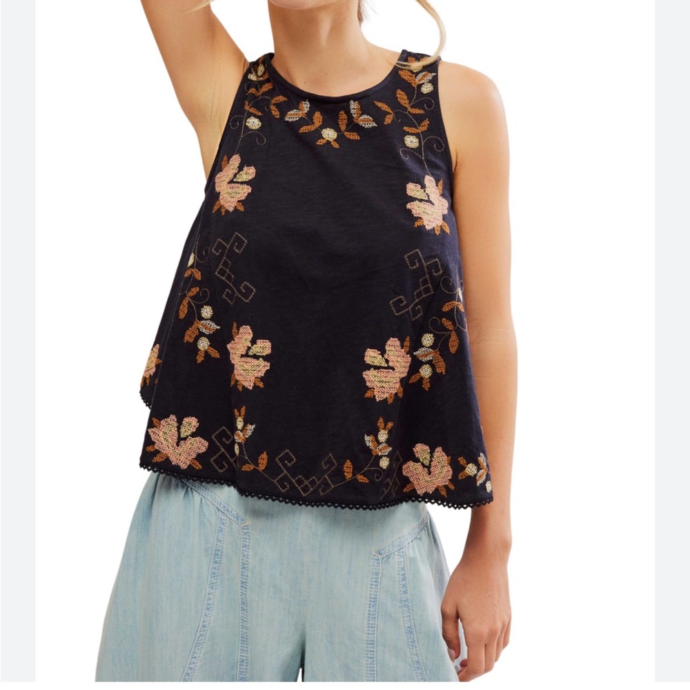 NWT Free People Fun & Flirty embroidered slightly cropped tank black